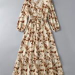 שמלה פרחונית אלגנטית עם צווארון V, מותן גבוה וקשירה במותניים - שרוולים ארוכים, חצאית A-גזרה זורמת, דוגמת עלים בצבע חום ובז', מושלמת לאביב/סתיו, אופנת נשים למבוגרים, שמלה פרחונית