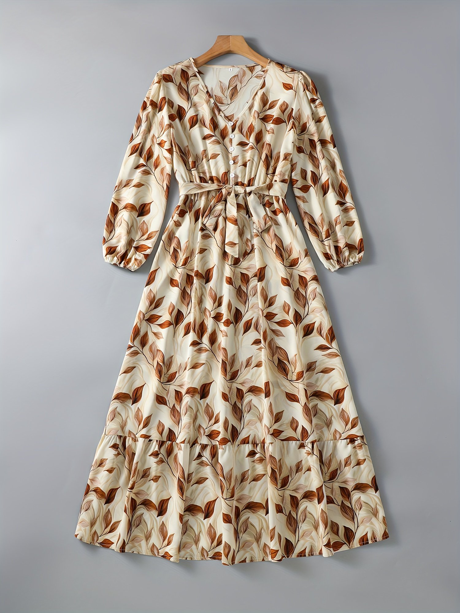 שמלה פרחונית אלגנטית עם צווארון V, מותן גבוה וקשירה במותניים - שרוולים ארוכים, חצאית A-גזרה זורמת, דוגמת עלים בצבע חום ובז', מושלמת לאביב/סתיו, אופנת נשים למבוגרים, שמלה פרחונית