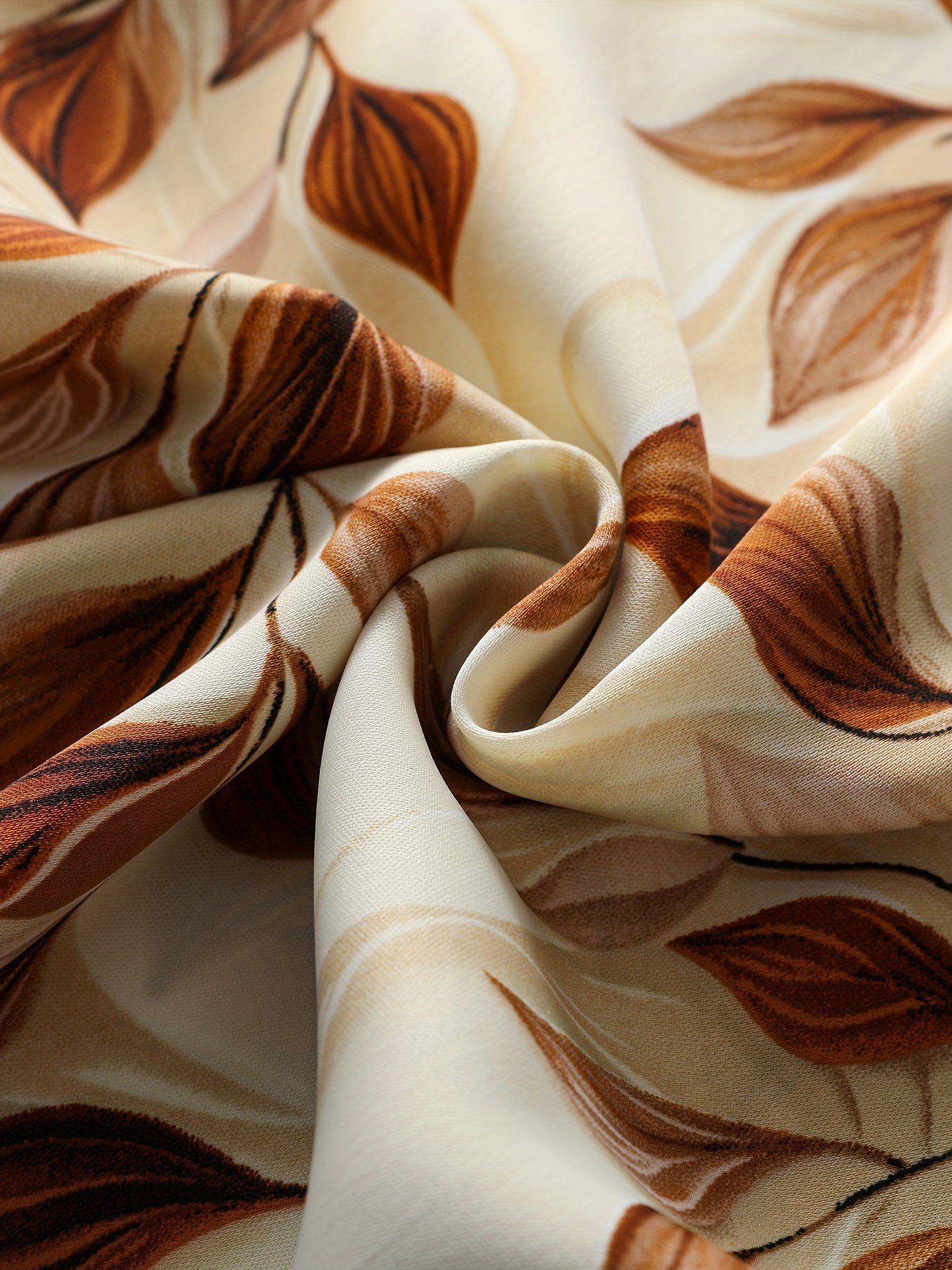 שמלה פרחונית אלגנטית עם צווארון V, מותן גבוה וקשירה במותניים - שרוולים ארוכים, חצאית A-גזרה זורמת, דוגמת עלים בצבע חום ובז', מושלמת לאביב/סתיו, אופנת נשים למבוגרים, שמלה פרחונית – תמונה 9