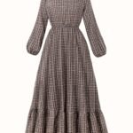 שמלת A-קו וינטג' לנשים עם הדפס חום ולבן - חצאית מתרחבת בגזרה גבוהה, שרוול עם צווארון עגול, ניתן לכביסה במכונה, ללבוש קז'ואל עד חצי רשמי כל העונה, שמלה מבד זורם