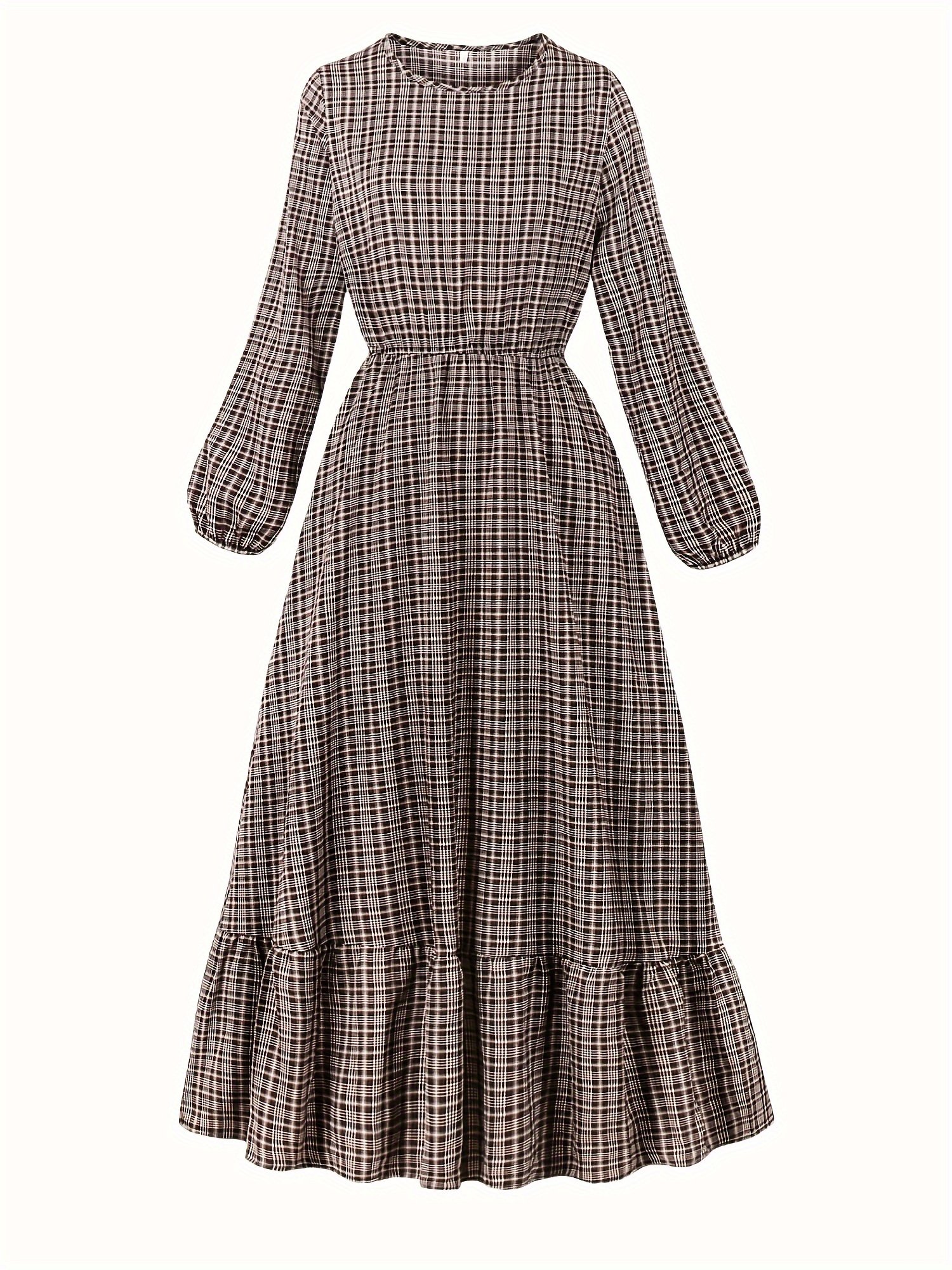 שמלת A-קו וינטג' לנשים עם הדפס חום ולבן - חצאית מתרחבת בגזרה גבוהה, שרוול עם צווארון עגול, ניתן לכביסה במכונה, ללבוש קז'ואל עד חצי רשמי כל העונה, שמלה מבד זורם