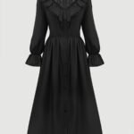Elegant black dress with long sleeves and lace trim - embellished collar, buttoned front, wide A-line silhouette, perfect for all seasons, dress for all seasons|Embellished collar dress|Lace trim