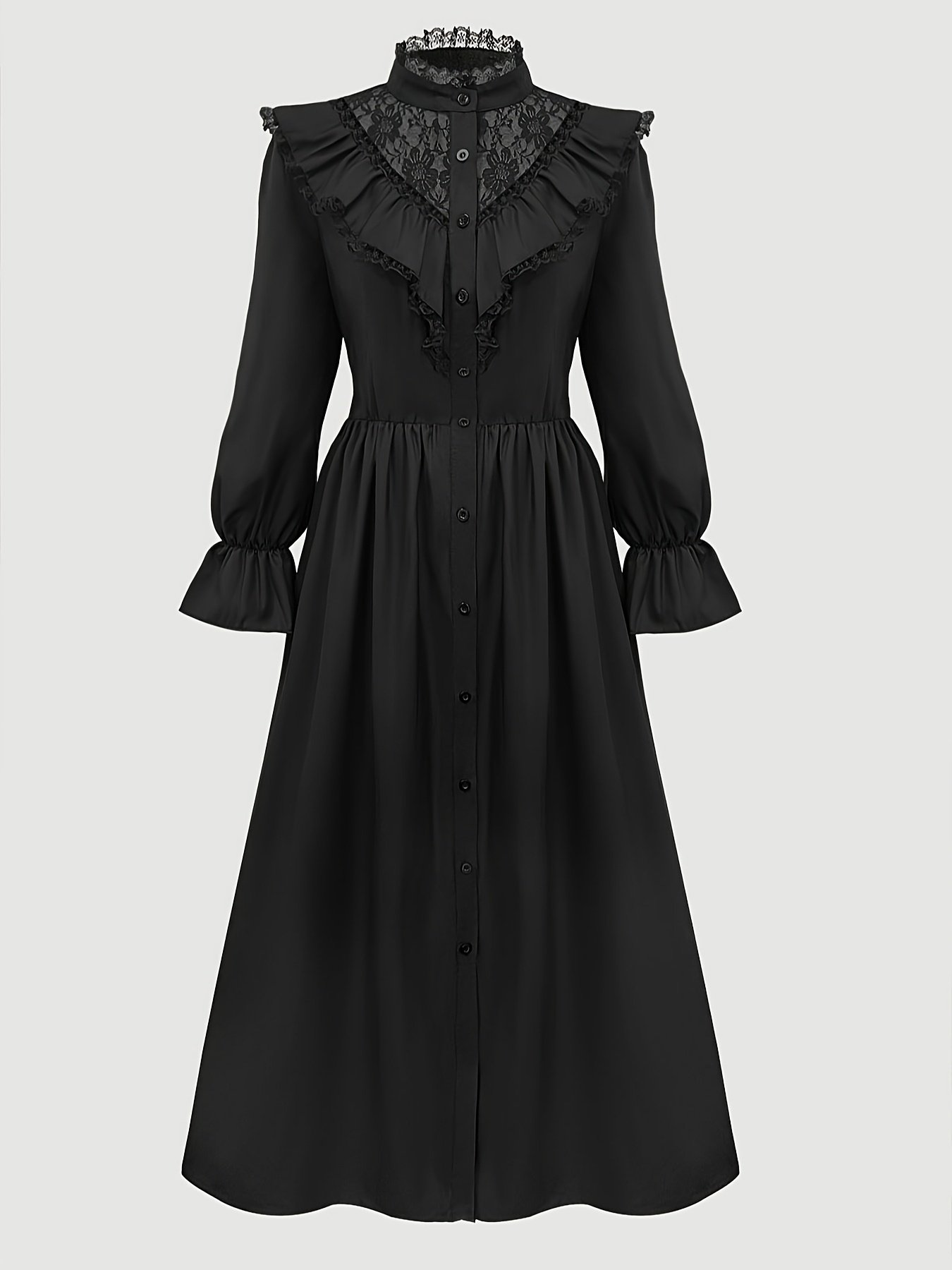 Elegant black dress with long sleeves and lace trim - embellished collar, buttoned front, wide A-line silhouette, perfect for all seasons, dress for all seasons|Embellished collar dress|Lace trim