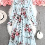 Women's Elegant A-Line Dress with Floral Print and Bow Tie Collar - Lightweight Machine Washable Party and Casual Dress for Spring/Fall, Pink Roses on Light Blue, Non-Stretchy Structured Fit, Cute Dresses, Fall Clothes, Non-Stretch Fabric