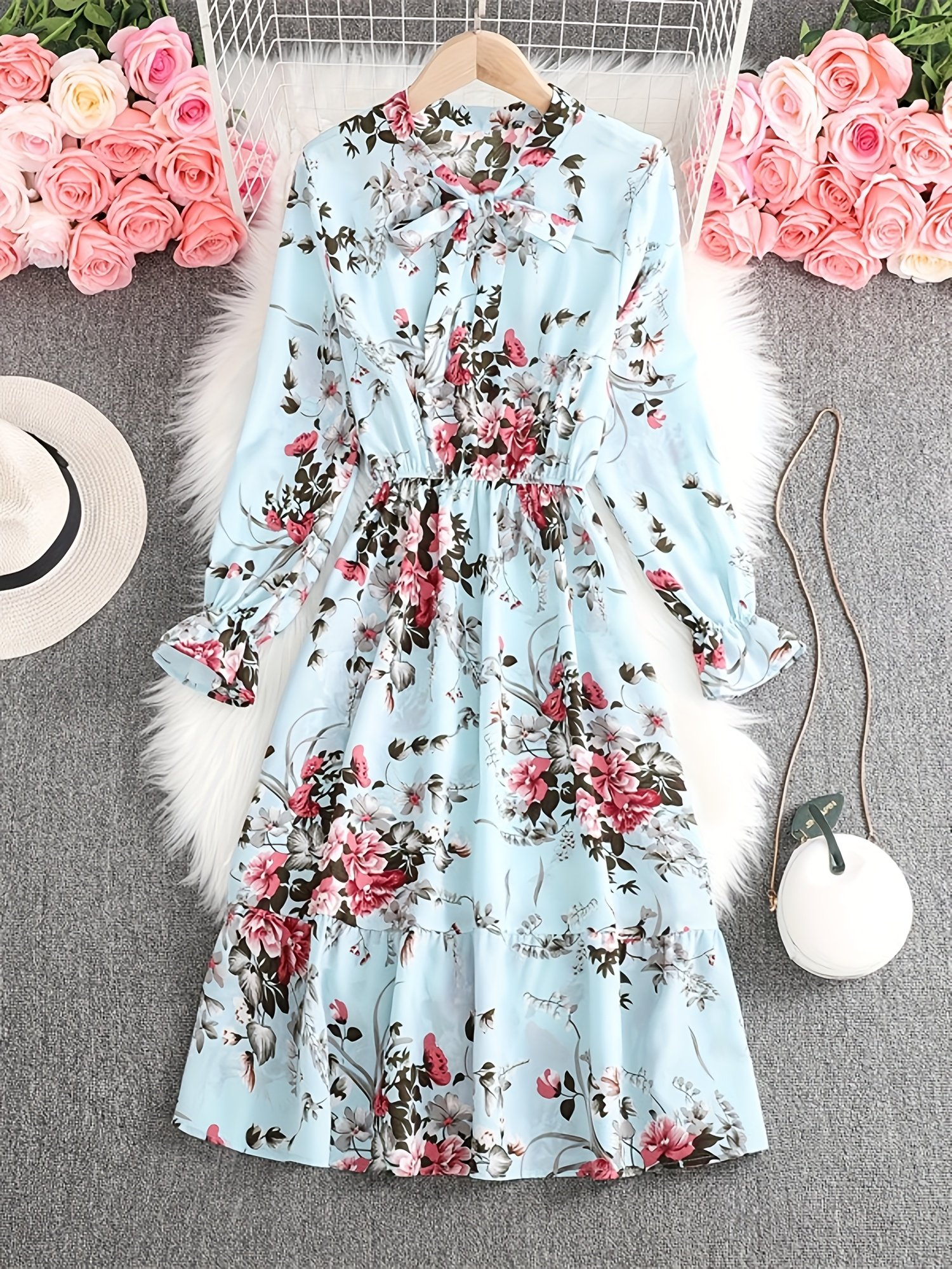 Women's Elegant A-Line Dress with Floral Print and Bow Tie Collar - Lightweight Machine Washable Party and Casual Dress for Spring/Fall, Pink Roses on Light Blue, Non-Stretchy Structured Fit, Cute Dresses, Fall Clothes, Non-Stretch Fabric