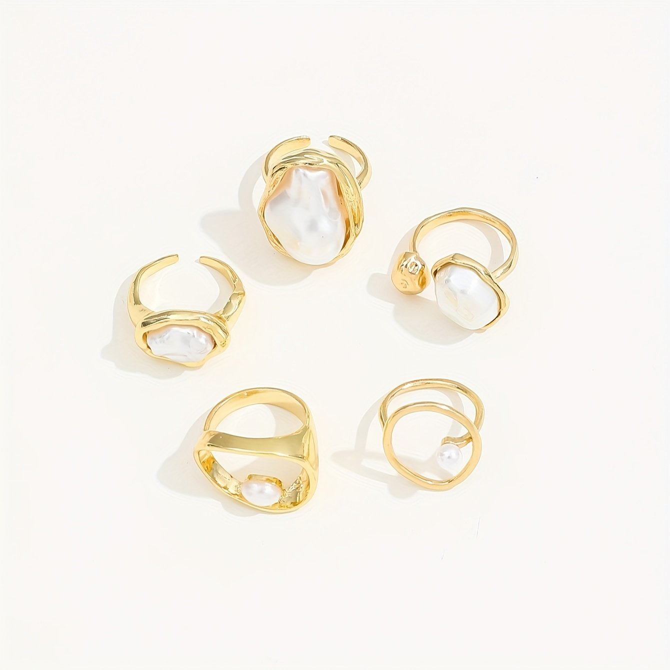 סט טבעות פנינה מלאכותית מלוטשת בעבודת יד מסגסוגת 5 יחידות: טבעות מוגזמות אלגנטיות, מסוגננות וסקסיות ללבישה יומיומית, מסיבות חופשה, חתונות או הענקת מתנות – תמונה 7