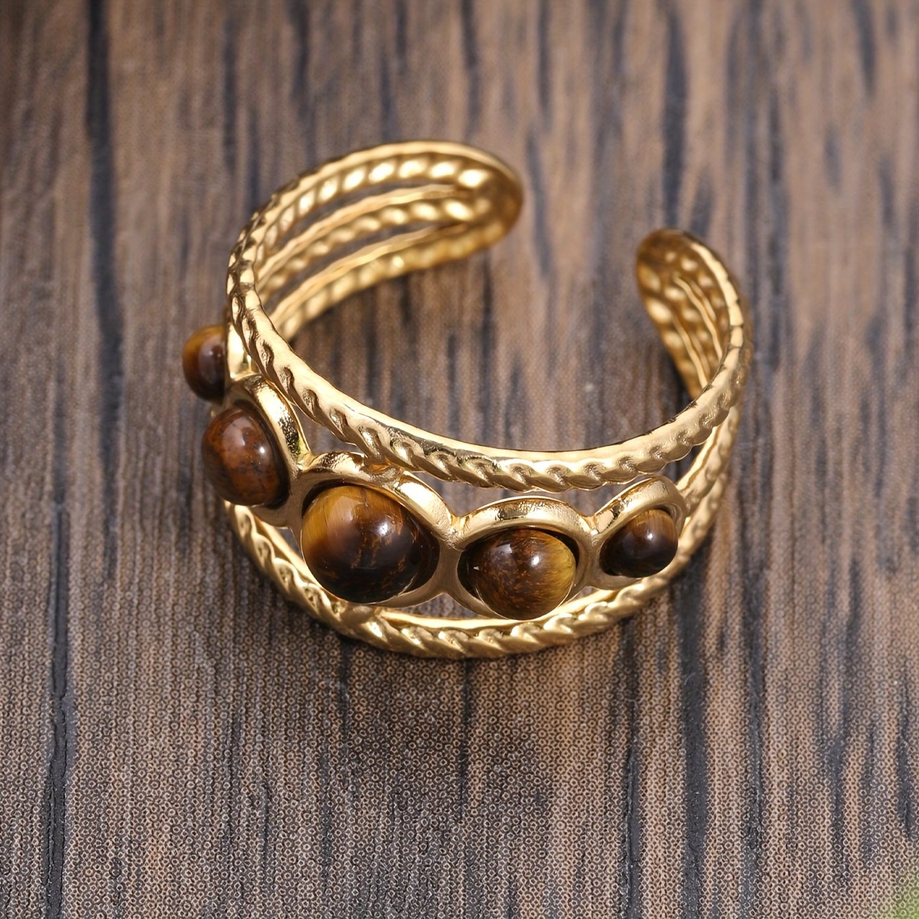 טבעת חלולה עגולה עם סט כוונון פתיחה אבן טבעית נירוסטה זהב פשוט בסגנון ארמון מתנה תכשיטי אירועים טבעת יוקרה בהירה – תמונה 8