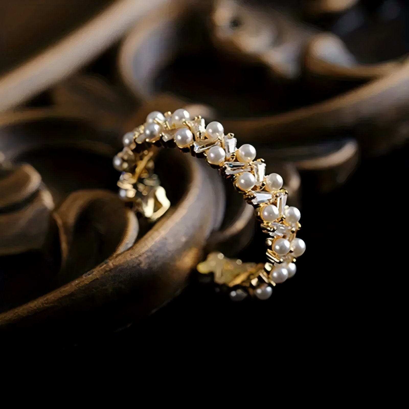 טבעת פתוחה אלגנטית עשויה פנינה מלאכותית עם שיבוץ זירקוניה קובית נוצצת, היפואלרגנית, אביזר אופנתי ועדין ללבוש יומיומי ומסיבה, מתנה אידיאלית לנשים