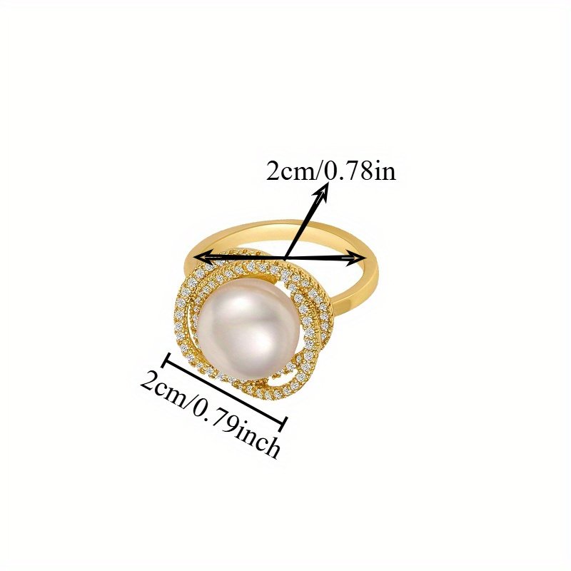 נוחות יומיומית, טבעת אלגנטית בגוון זהוב בהשראה צרפתית עם פנינה סינתטית וזרקוניה מעוקבת, עיצוב מערבולת מתכוונן - מושלם לחתונות ומתנות – תמונה 5